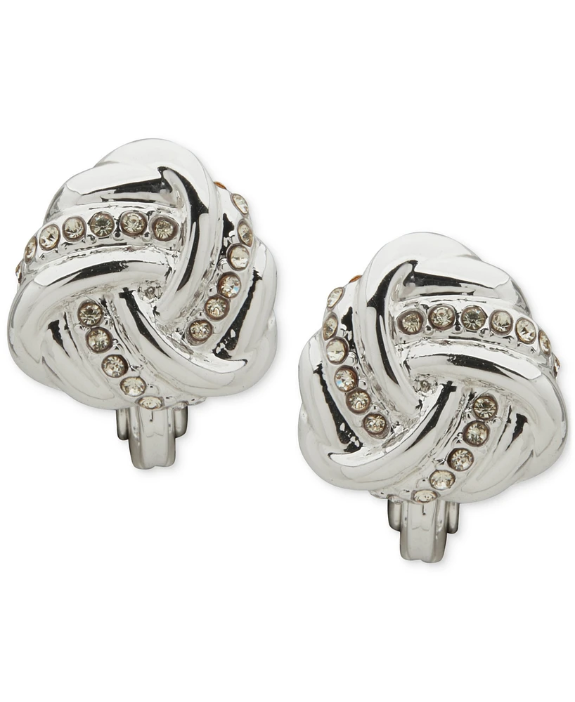 Anne Klein Silver-Tone Crystal Twisted Knot Button Clip Earrings