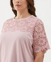 Ella Rafaella Plus Lace Yoke Knit Short Sleeve Top