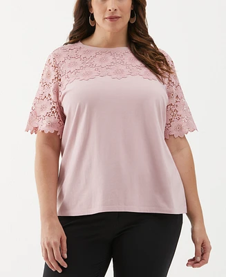 Ella Rafaella Plus Lace Yoke Knit Short Sleeve Top