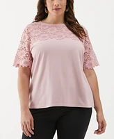 Ella Rafaella Plus Lace Yoke Knit Short Sleeve Top