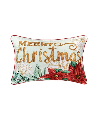 Merry Christmas Poinsettia Printed and Embroidered Throw Pillow