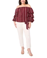 Vince Camuto Plus Striped Off The Shoulder Bubble Sleeve Tie Front Blouse