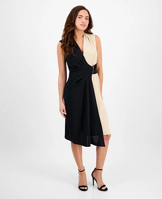 Connected Petite Colorblocked Faux-Wrap Sleeveless Dress