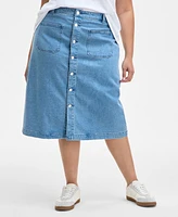 On 34th Trendy Plus Patch-Pocket Denim Midi Skirt, Exclusively at Macy's
