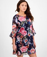 Connected Petite Floral-Print Bell Flare-Sleeve Dress