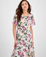 Connected Petite Printed Asymmetric Flutter-Sleeve Dress
