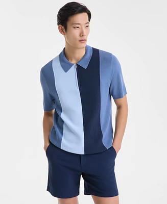 Alfani Men's Short Sleeve Quarter-Zip Colorblocked Textured Polo Sweater, Exclusively at Macy's