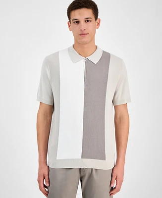 Alfani Men's Short Sleeve Quarter-Zip Colorblocked Textured Polo Sweater, Exclusively at Macy's
