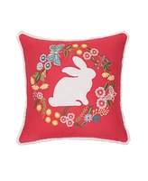 16" x 16" Spring Bunny Applique and Embroidered Wreath Decorative Throw Pillow