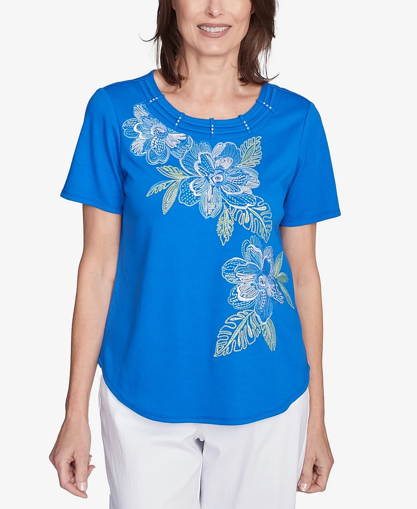 Alfred Dunner Petite Parrot Cay Tropical Floral Embroidered Top