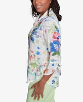 Alfred Dunner Petite Parrot Cay Abstract Watercolor Button Down Collared Neckline Top