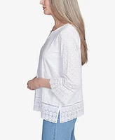 Alfred Dunner Petite Flower Power Floral Embroidered Eyelet Trim Top