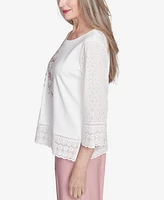 Alfred Dunner Petite Estate of Mind Embroidered Floral Eyelet Trim Top