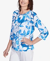 Alfred Dunner Petite Parrot Cay Monotone Cobalt Floral Top