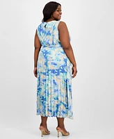Sandra Darren Plus Printed Pleated Tie-Waist Dress