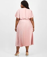 Sandra Darren Plus Pleated Tie-Waist Flutter-Sleeve Dress