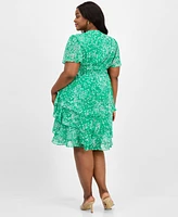 Sandra Darren Plus Printed Chiffon Tie-Waist Flutter-Sleeve Dress