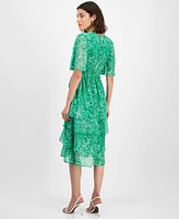 Sandra Darren Petite Printed Chiffon Tie-Waist Flutter-Sleeve Dress