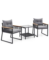 3 Pieces Patio Furniture Set with 2 Tier Coffee Table and Soft Seat Cushions