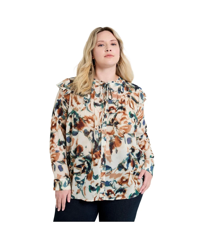 June + Vie Women's Plus Ruffle Button-Down Blouse