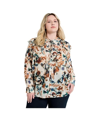 June + Vie Women's Plus Ruffle Button-Down Blouse