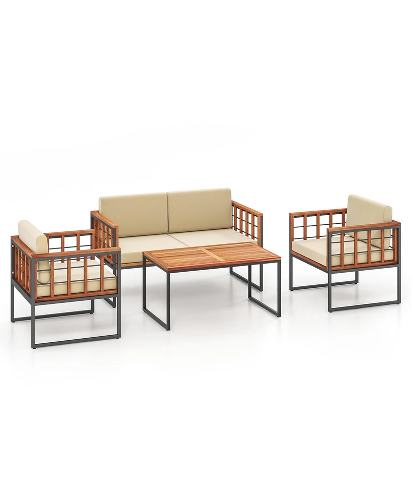 4 Pieces Acacia Wood Outdoor Sofa Set for Balcony Porch Backyard Poolside