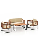 4 Pieces Acacia Wood Outdoor Sofa Set for Balcony Porch Backyard Poolside