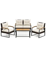 4 Pieces Patio Conversation Set with Acacia Wood Armrests and Tabletop and Cushions