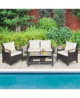 4 Pieces Patio Rattan Furniture Set with Cushioned Sofa and Storage Table