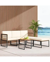 6 Pieces Acacia Wood Patio Furniture Set with Coffee Table and Ottomans