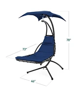 Best Choice Products Hanging Led-Lit Curved Chaise Lounge Chair for Backyard, Patio w/ Pillow, Canopy, Stand