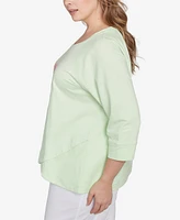 Hearts Of Palm Plus Hibiscus Print 3/4 Sleeve Top