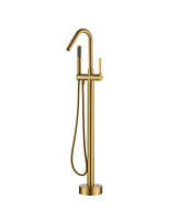 Brushed Gold Floor Mounted Tub Filler Shower Faucet Single Handle Freestanding Bathtub Faucet Bathtub Shower Mixer Tap with Handheld Shower Sprayer