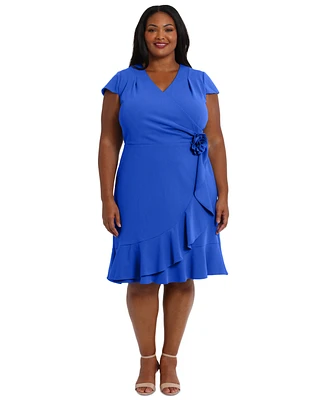 London Times Plus Short-Sleeve V-Neck Faux-Wrap Dress