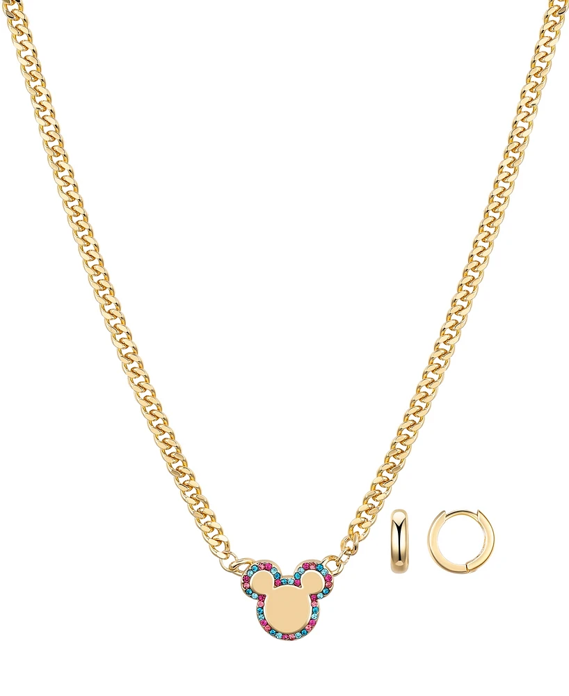 Disney Multi Color Crystal Mickey Mouse Curb Necklace and Hoop Earring Set