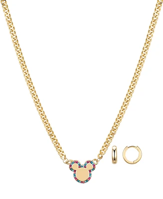 Disney Multi Color Crystal Mickey Mouse Curb Necklace and Hoop Earring Set