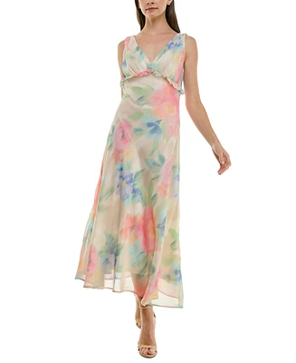 Taylor Women's Watercolor-Print Chiffon Ruffled Dress