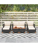 Gymax 7 Pcs Patio Furniture Set w/ Loveseat Armchairs Ottomans & Storage Table