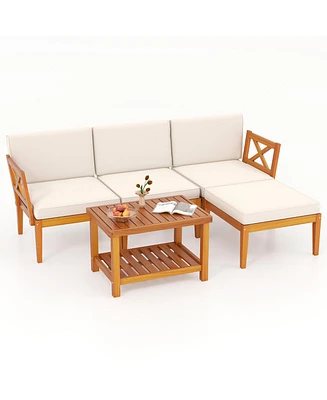 Gymax 5 Pcs Acacia Wood Patio Furniture Set w/ 2-Tier Coffee Table and Cushions