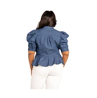 Buxom Couture Women's Plus Ruched Sleeve Denim Peplum Blouse