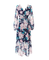 Quiz Women's Floral Chiffon Glitter Long Sleeve Maxi Dress