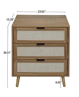 3 Drawer Storage Cabinet Rattan Dressers Chest of Drawers Entryway Cabinet Fluted Nightstand Bedside Table Dresser for Bedroom Living Room, Brown