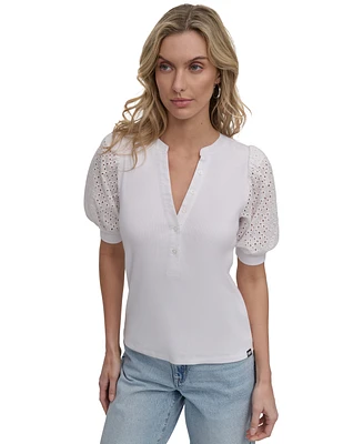 Dkny Jeans Women's Puff-Sleeve Henley Top - Hvq
