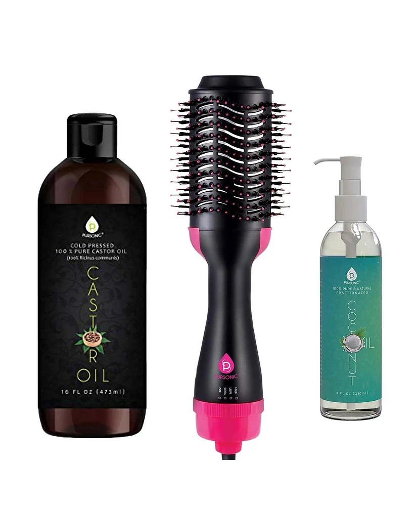 Hair Strengthening Bundle: Pursonic Fractionated Coconut Oil, One-Step Hair Dryer & Volumizer Brush, and Cold-Pressed Castor Oil