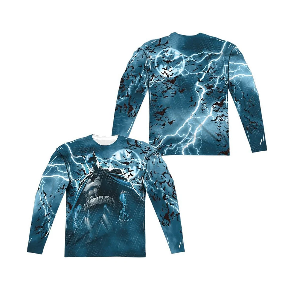 Batman Mens Stormy Knight (Front/Back Print) Long Sleeve Adult Poly Crew Tee / T-Shirt