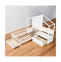 Twin Size House Bed Kids Platform Bed with Padded Bench