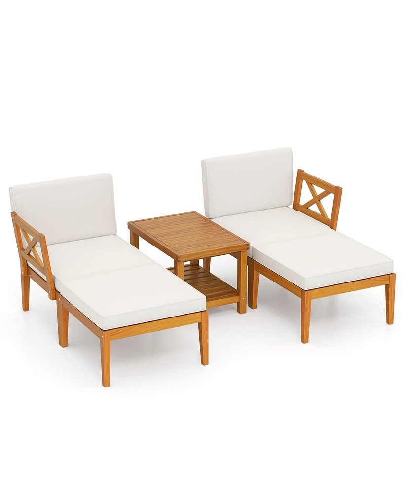 5 Pieces Acacia Wood Patio Chaise Lounge Chair Set with Ottoman and Cushions