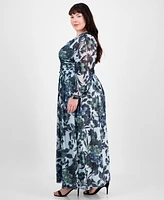 Sl Fashions Plus Floral-Print Blouson-Sleeve Gown