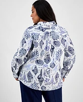 Charter Club Plus Toile Affar Button-Front Linen Shirt, Exclusively at Macy's