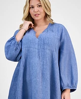 Charter Club Plus Linen Pleated Blouson-Sleeve Shift Dress, Exclusively at Macy's